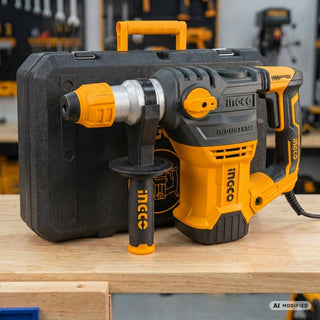 Martello INGCO RH150028 con custodia nera su un banco da lavoro in officina