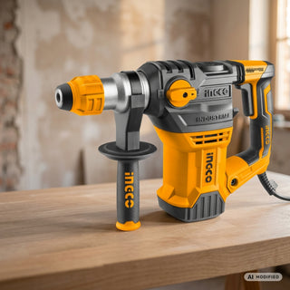 Martello INGCO RH150028 su un banco in legno illuminato da luce calda laterale