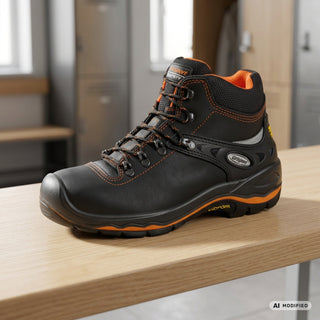 Scarponcino GRISPORT Marmolada su una panca in legno davanti agli armadietti