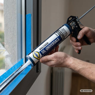 Applicazione del silicone BOSTIK con pistola lungo il giunto di un serramento protetto con nastro