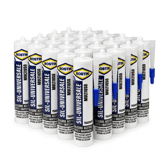 Gruppo di cartucce BOSTIK Silicone Universale trasparente da 280 ml affiancate su sfondo bianco.
